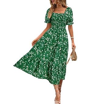 Women's Summer Smocked Midi Dress Casual Square Neck Puffy Short Sleeve Tiered Ruffle Dresses