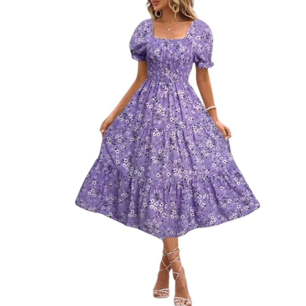 Женские платья Summer Smocked Midi Dress Casual Square Neck Puffy Short Sleeve Tiered Ruffle Dresses