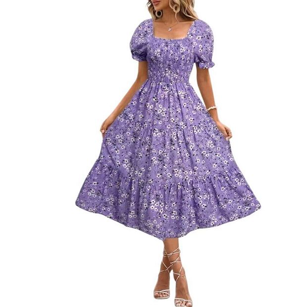 Women's Summer Smocked Midi Dress Casual Square Neck Puffy Short Sleeve  Tiered Ruffle Dresses