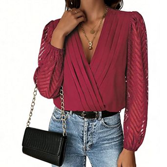 Women's Lace Detail Long Sleeve Bodysuit - Pleated Wrap V-Neck Blouse for Casual & Dressy Occasions