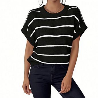 Women's Striped Batwing Sleeve Knit Top - Crew Neck Short Sleeve Casual Sweater for Daily Wear