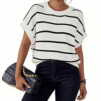 Women's Striped Batwing Sleeve Knit Top - Crew Neck Short Sleeve Casual Sweater for Daily Wear