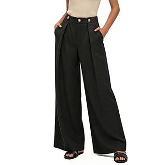 Women's Wide Leg Dress Pants - High Waisted Office Trousers with Decorative Button for Work & Casual