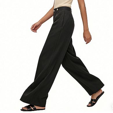 Women's Wide Leg Dress Pants - High Waisted Office Trousers with Decorative Button for Work & Casual