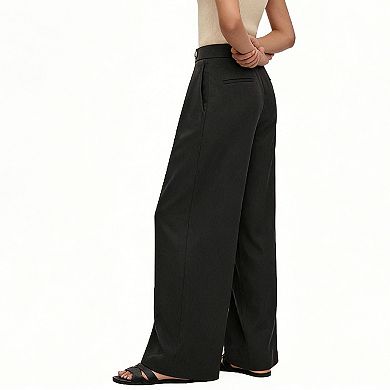 Women's Wide Leg Dress Pants - High Waisted Office Trousers with Decorative Button for Work & Casual