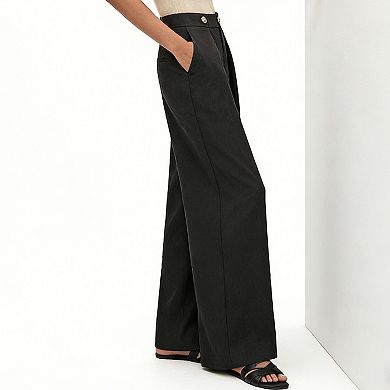 Women's Wide Leg Dress Pants - High Waisted Office Trousers with Decorative Button for Work & Casual