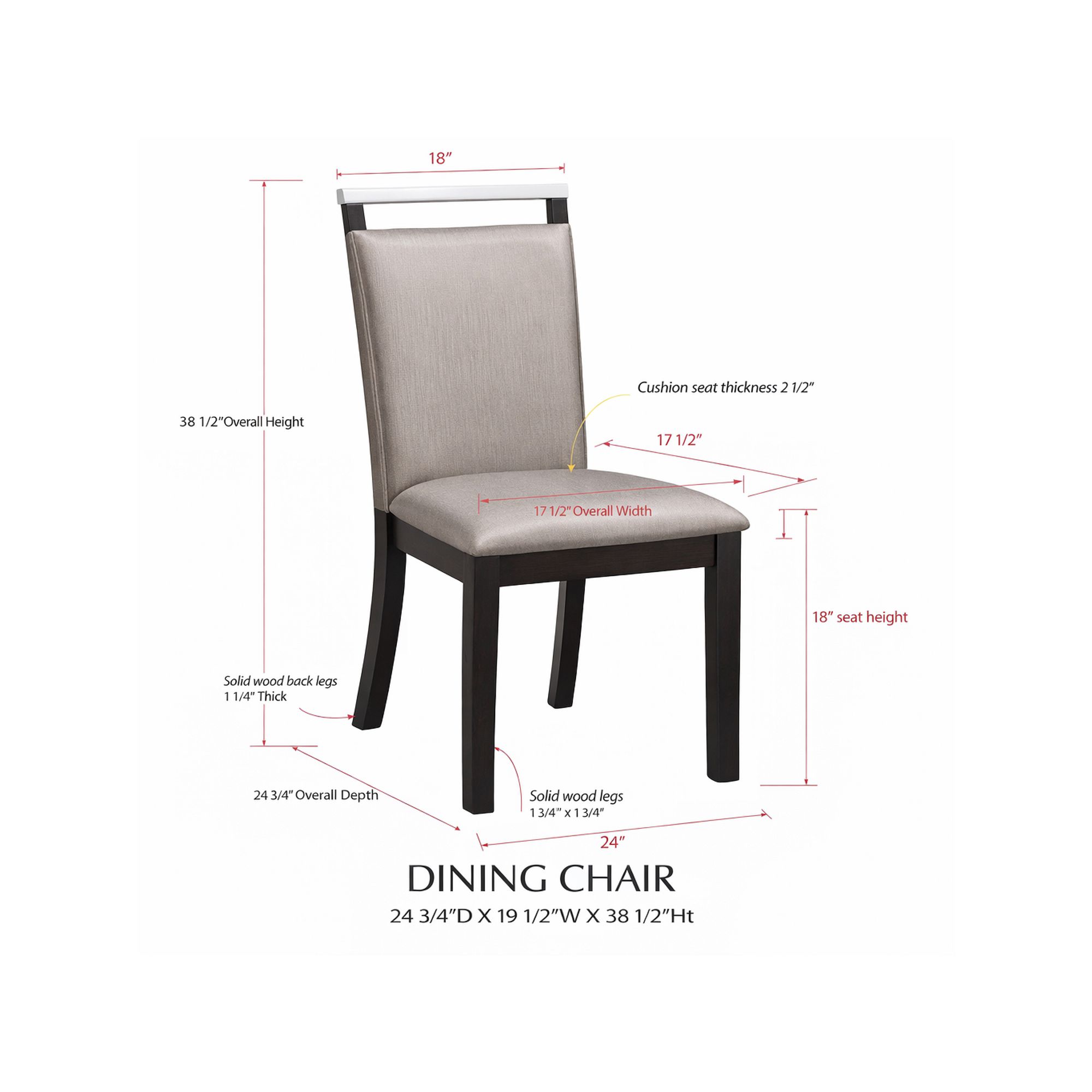 Modern dining chair dimensions diagram with seat thickness and height.