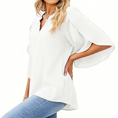 Women's 3/4 Sleeve Ruffle Blouse - V-Neck Casual Top for Work & Everyday