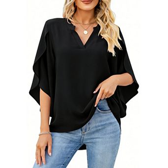 Women's 3/4 Sleeve Ruffle Blouse - V-Neck Casual Top for Work & Everyday