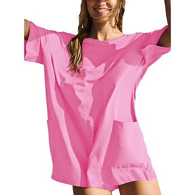 Women Rompers Half Sleeve Oversized Athletic Workout Reversible Hot Shot Tee Romper Deep Pockets