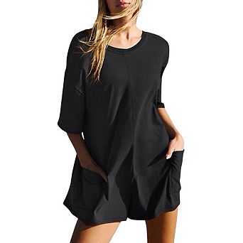 Women Rompers Half Sleeve Oversized Athletic Workout Reversible Hot Shot Tee Romper Deep Pockets