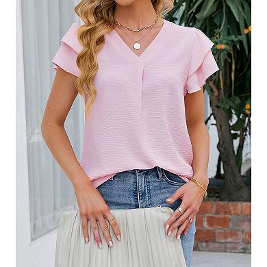 Women's V-Neck Chiffon Ruffle Short Sleeve Blouse Casual Summer Top Work Business Shirts