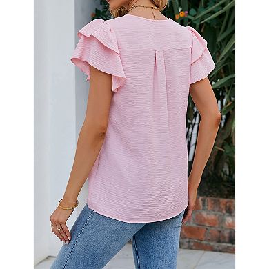 Women's V-Neck Chiffon Ruffle Short Sleeve Blouse Casual Summer Top Work Business Shirts