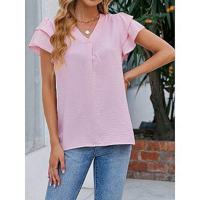 Women's V-Neck Chiffon Ruffle Short Sleeve Blouse Casual Summer Top Work Business Shirts