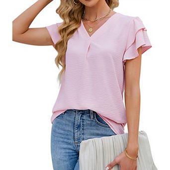 Women's V-Neck Chiffon Ruffle Short Sleeve Blouse Casual Summer Top Work Business Shirts