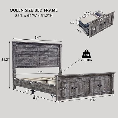 Farmhouse Platform Bed Frame with Storage Drawers, Roman Column Design, No Box Spring Needed