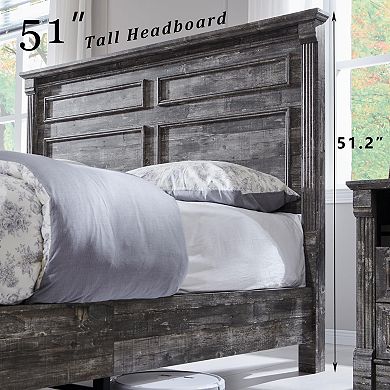 Farmhouse Platform Bed Frame with Storage Drawers, Roman Column Design, No Box Spring Needed