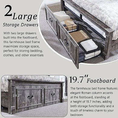 Farmhouse Platform Bed Frame with Storage Drawers, Roman Column Design, No Box Spring Needed