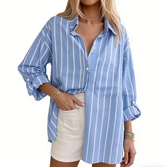 Women's Oversized Striped Button-Down Shirt - Long Sleeve Casual Blouse with Pocket