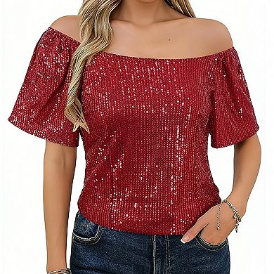 Women's Sequin Square Neck Blouse - Puff Sleeve Party Top for Evening Events