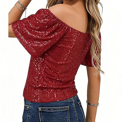 Women's Sequin Square Neck Blouse - Puff Sleeve Party Top for Evening Events