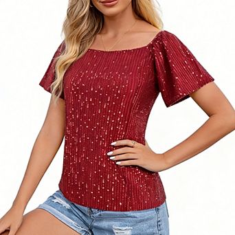 Women's Sequin Square Neck Blouse - Puff Sleeve Party Top for Evening Events