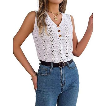 Womens Sweater Tank Tops Casual Summer V Neck Sleeveless Button Knit Pointelle Shirts