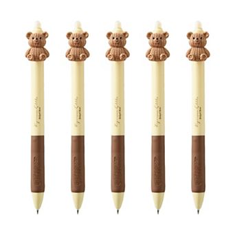 5 pc Teddy Bear Top Gel Pen Set with Soft Grip and Adorable 3D Bear Design