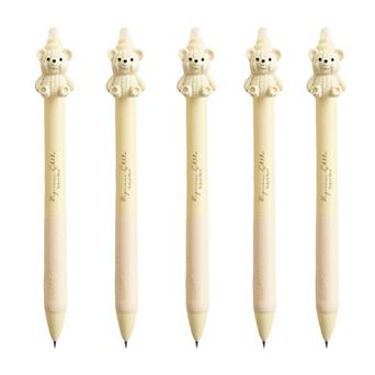 5 pc Teddy Bear Top Gel Pen Set with Soft Grip and Adorable 3D Bear Design