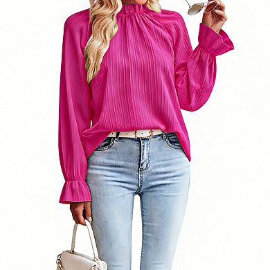 Women's Elegant Pleated Ruffle Blouse - Mock Neck Bell Sleeve Top for Work and Daily Wear