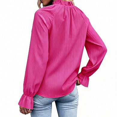 Women's Elegant Pleated Ruffle Blouse - Mock Neck Bell Sleeve Top for Work and Daily Wear