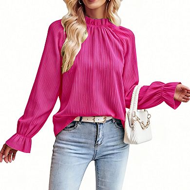 Women's Elegant Pleated Ruffle Blouse - Mock Neck Bell Sleeve Top for Work and Daily Wear