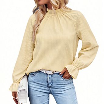 Women's Elegant Pleated Ruffle Blouse - Mock Neck Bell Sleeve Top for Work and Daily Wear