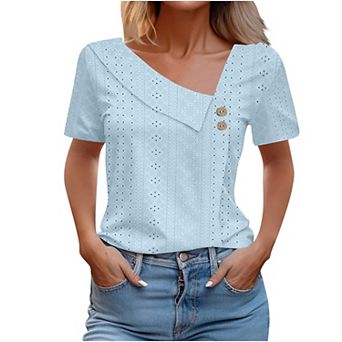 Women's Eyelet V Neck Asymmetric Button Short Sleeve Shirt Loose Summer Casual Top Blouse
