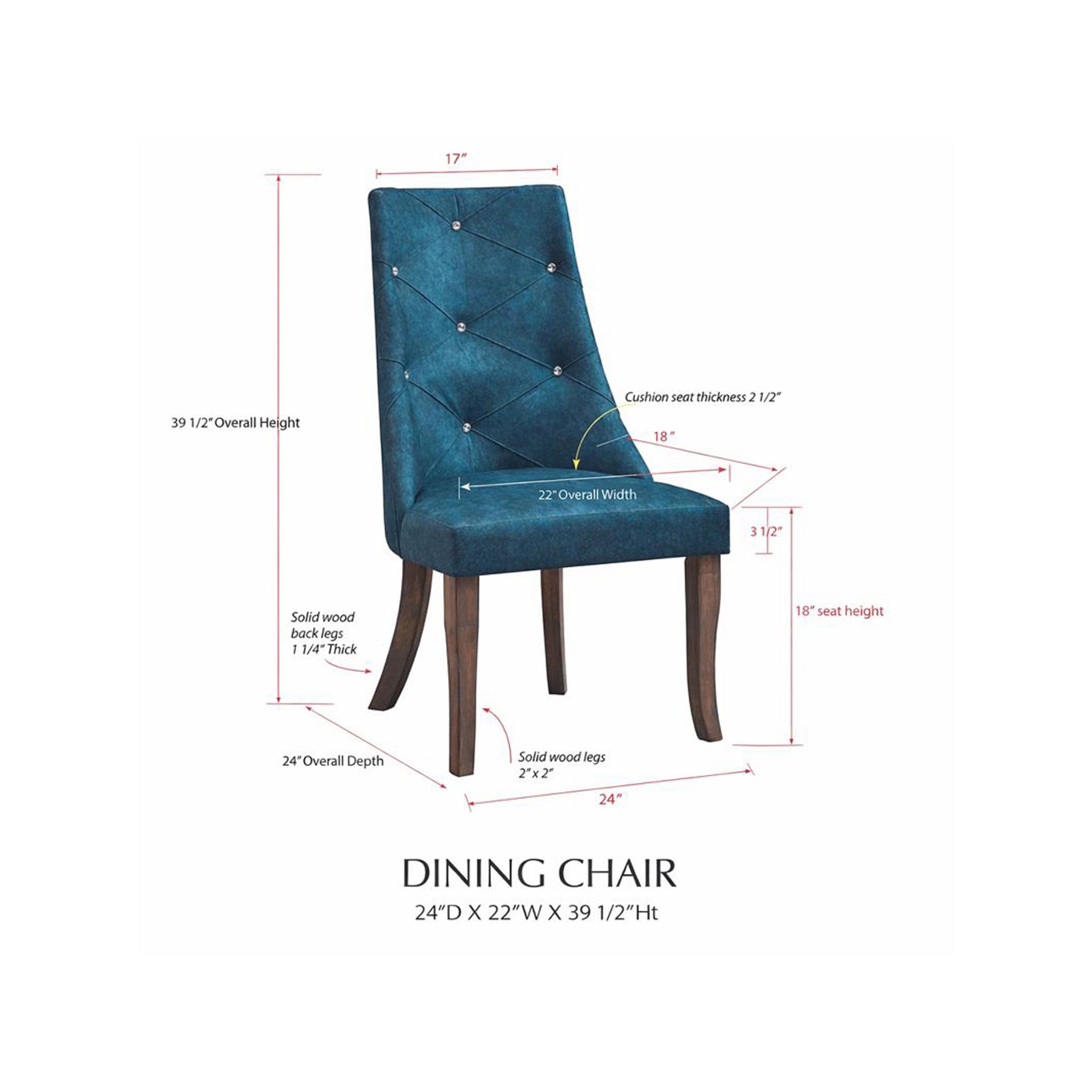 Diagram of teal tufted parson dining chair dimensions and height