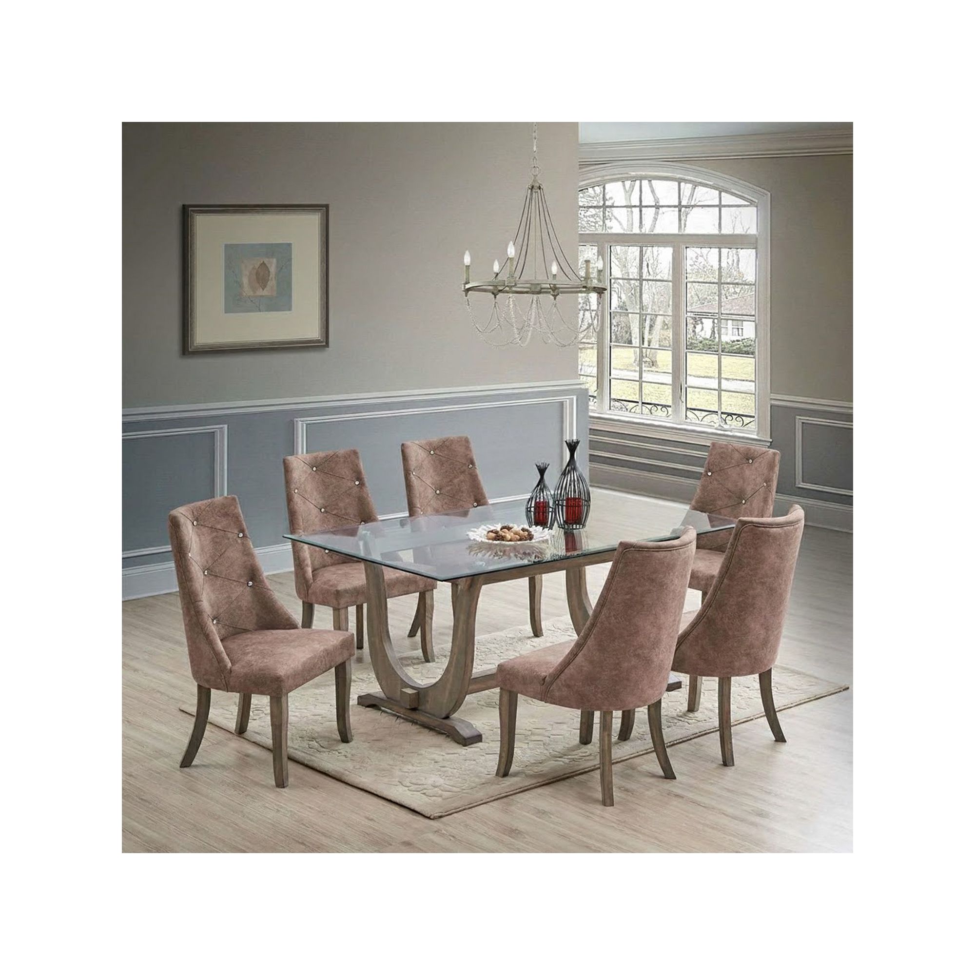 Set of tufted parson dining chairs around a glass dining table