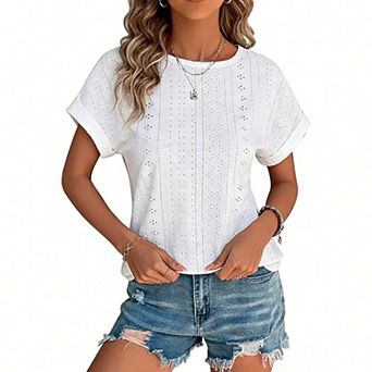 Women's Eyelet Detail Short Sleeve Blouse - Crew Neck Rolled Cuff Casual Top for Summer & Daily Wear