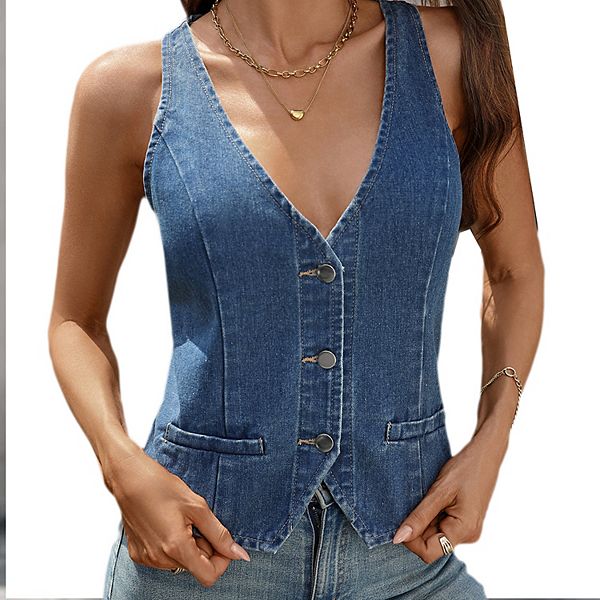 トップス SOSHIOTSUKI 23AW Lupe Denim V Neck Vest Women's Sleeveless Denim Vest - Deep V-Neck Fitted Button