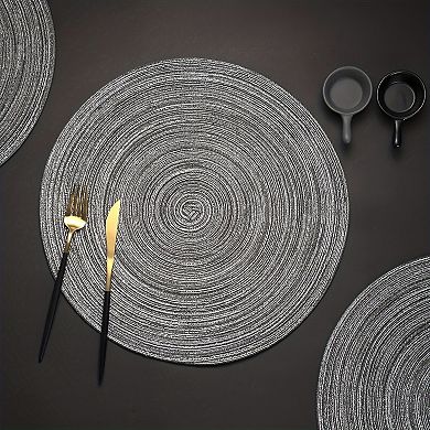 4-Piece Round Braided Woven Placemat with Textured Spiral Pattern for Dining Table