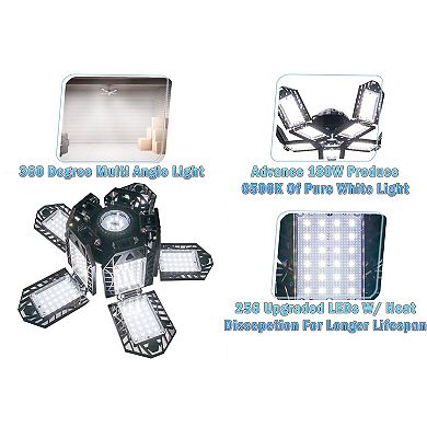 Deformable LED Garage Ceiling Light - 10 Aluminum Leaf Panels, 7200LM 6000K Daylight