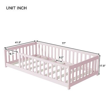 Whisen Twin Size Rubber Wood Floor Bed with Safety Guardrails