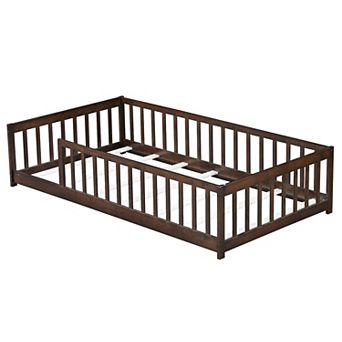 Whisen Twin Size Rubber Wood Floor Bed with Safety Guardrails