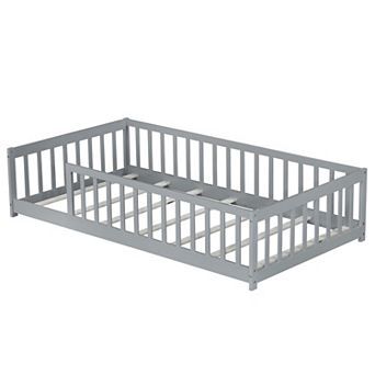 Whisen Twin Size Rubber Wood Floor Bed with Safety Guardrails