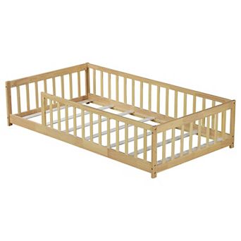 Whisen Twin Size Rubber Wood Floor Bed with Safety Guardrails