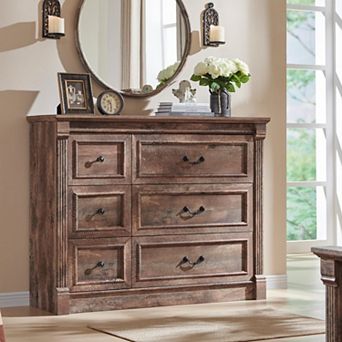 Farmhouse 6 Drawer Dresser with Roman Column,47.8"Wide Rustic Wood Storage,Bedroom Organizer Cabinet