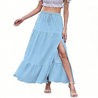 Women's Tiered Maxi Skirt - Elastic Waist Side Slit Summer Skirt for Casual & Vacation Wear