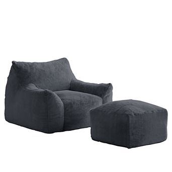 Mjkone Oversized Memory Foam Bean Bag Chair with Armrests and Ottoman, 2 pc Modern Lounger Set
