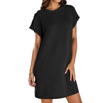 Women's Ribbed Mini Shift Dress - Short Sleeve Crew Neck Pocket Dress for Casual & Daily Wear