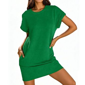 Women's Ribbed Mini Shift Dress - Short Sleeve Crew Neck Pocket Dress for Casual & Daily Wear