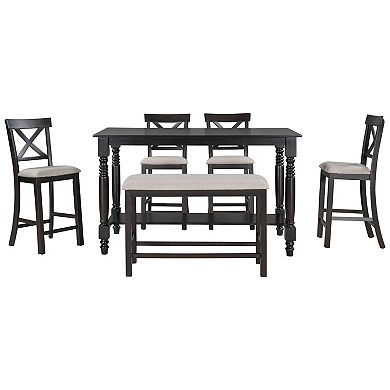 Whisen 6-Piece Counter Height Dining Table Set with Shelf 4 Chairs and Bench